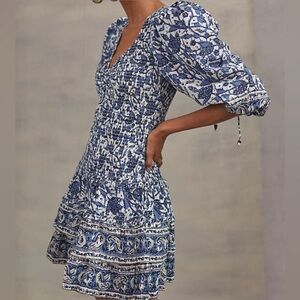 Love The Label Blue and White Floral Cinched Puff Sleeve Mini Dress
